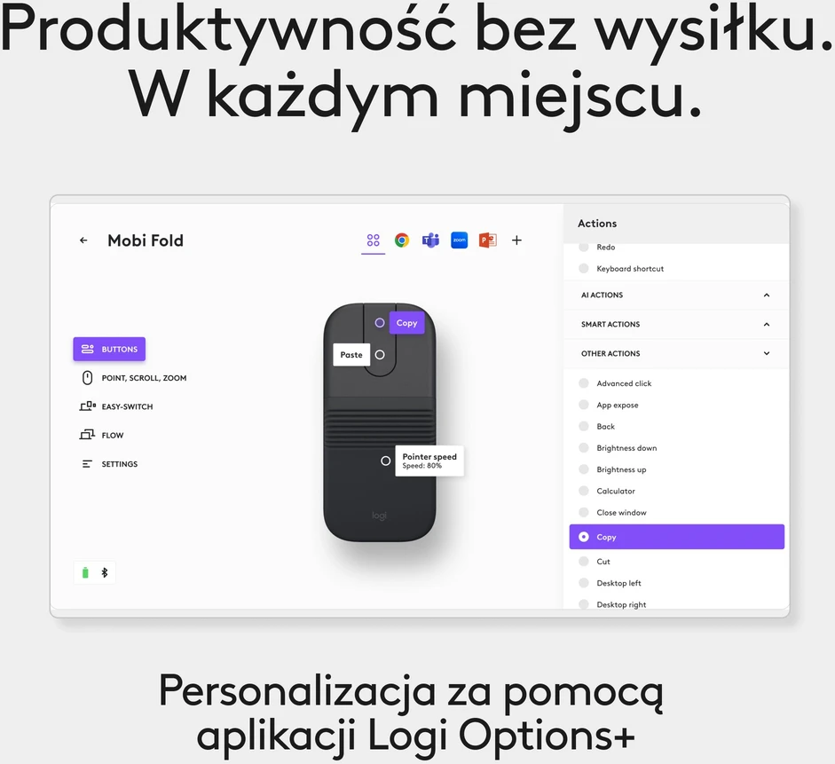 Logitech Mobi Fold kompiuterinė pelė Kelioninis Abiems rankoms RD belaidis ryšys + „Bluetooth“ Optinis 4000 DPI