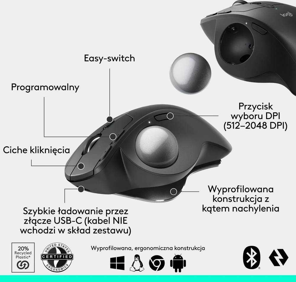 Logitech - MX Ergo S pažangus belaidis kamuoliukas, juodas