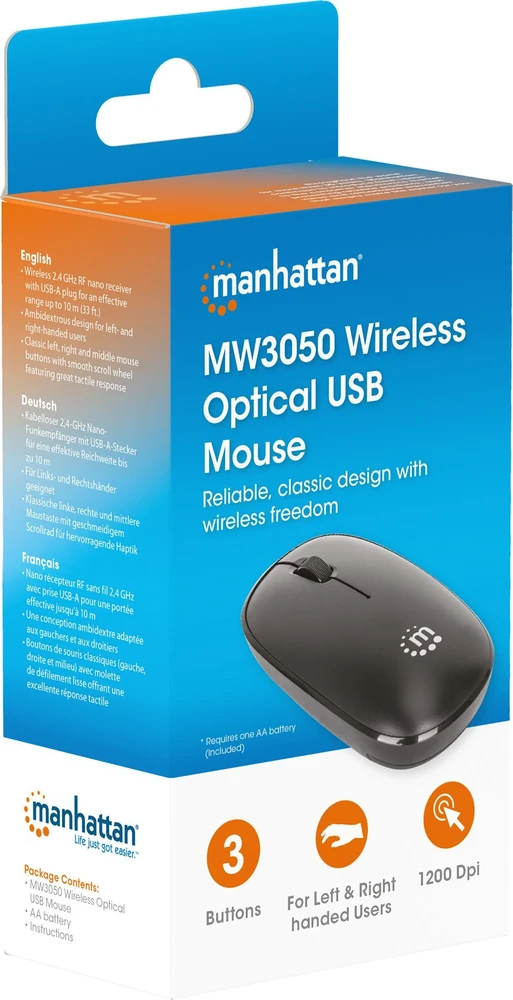 Manhattan MW3050 Optinė belaidė USB pelė, USB-A Nano,3 mygtukai with Scroll, 1200dpi, Juodas, 190312