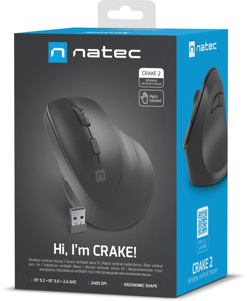 Natec | Vertikali pelė | Crake 2 | Wireless | Vertikali pelė | Bluetooth, 2.4GHz | Juodas