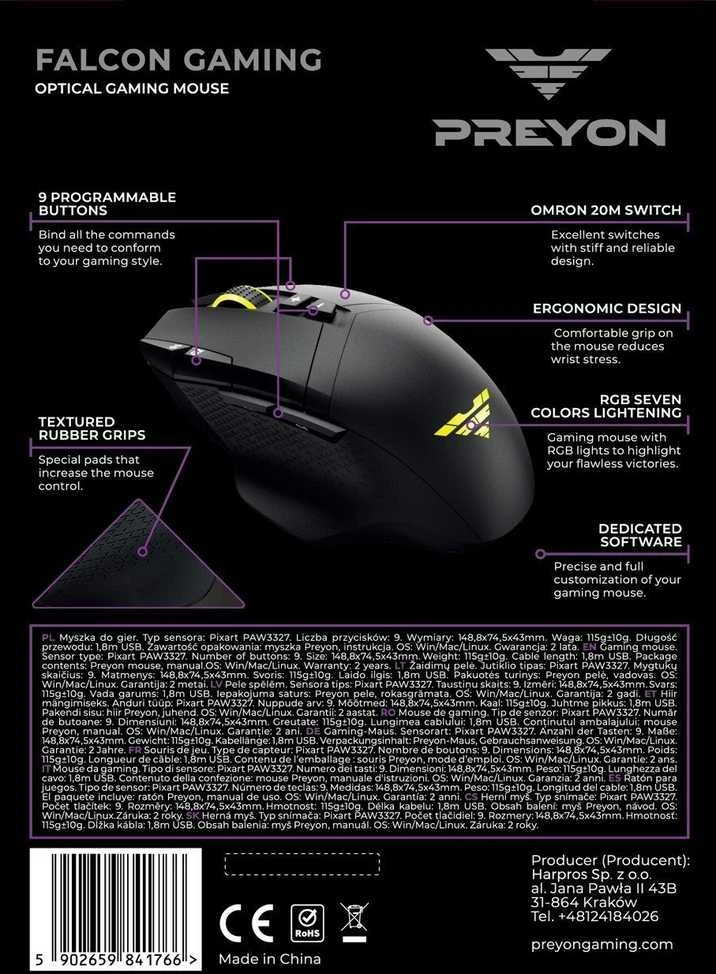 Omron PREYON Falcon Gaming su laidu žaidimų pelė| 12400 DPI