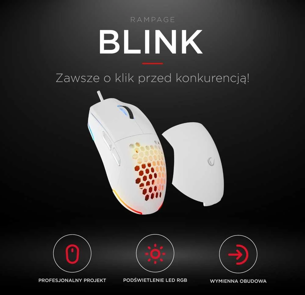 Pelė Myszka žaidimams Rampage Blink su laidu 12800 dpi optinė balta