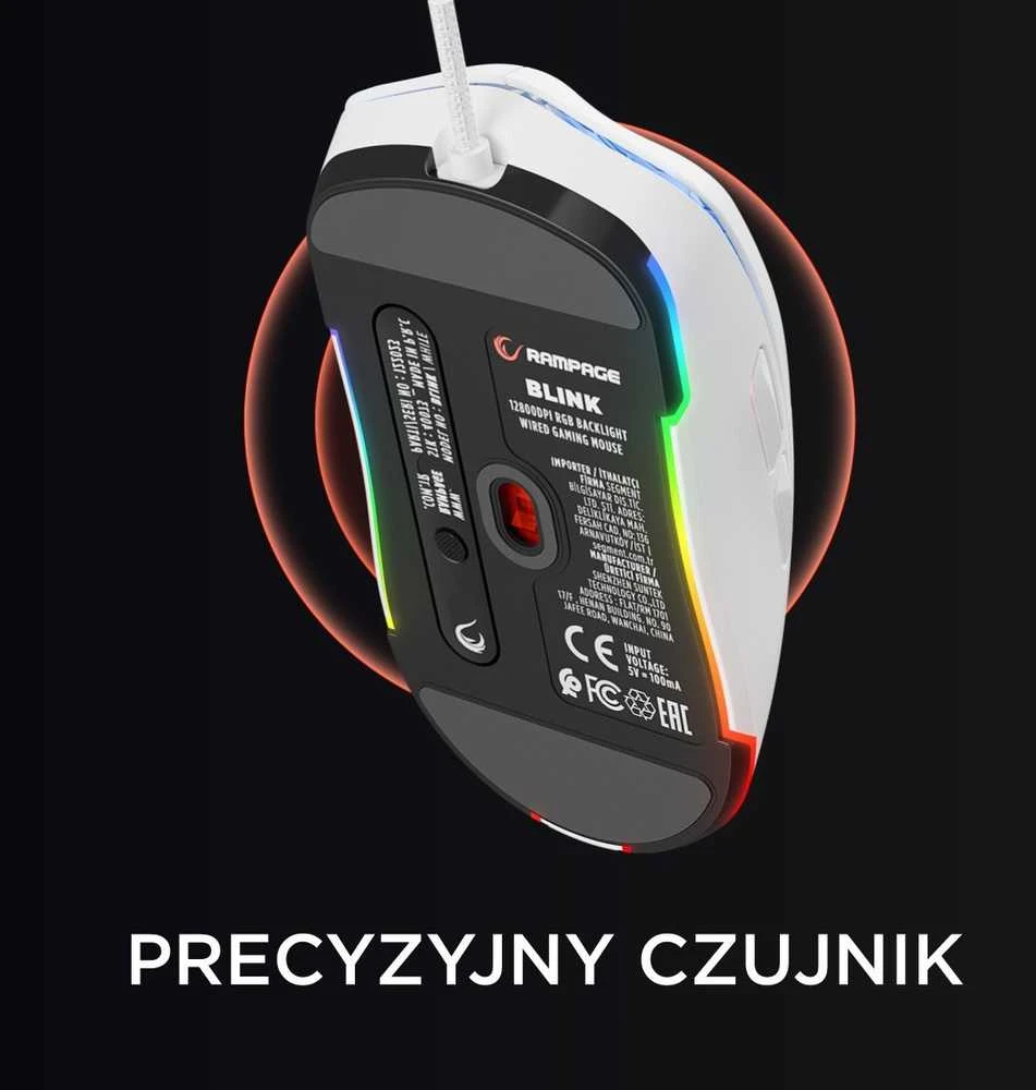 Pelė Myszka žaidimams Rampage Blink su laidu 12800 dpi optinė balta