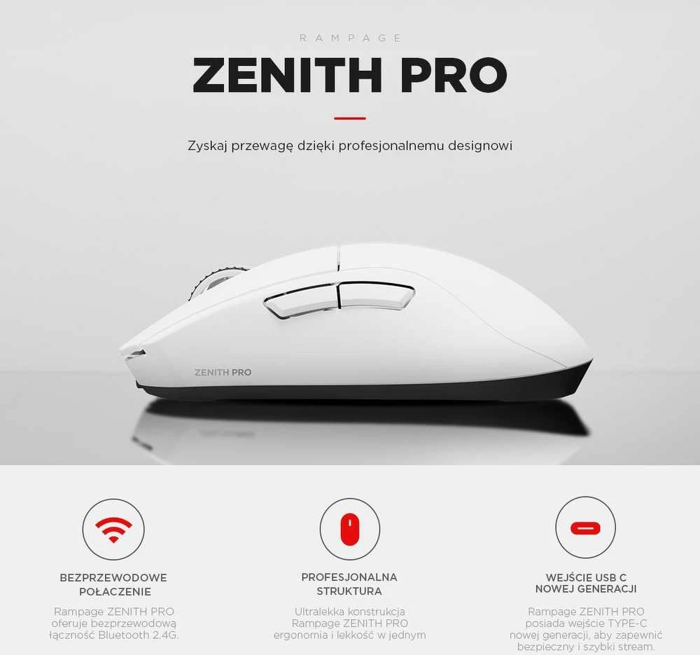 Pelė Myszka žaidimams Rampage Zenith Pro belaidė 26000 dpi optinė balta