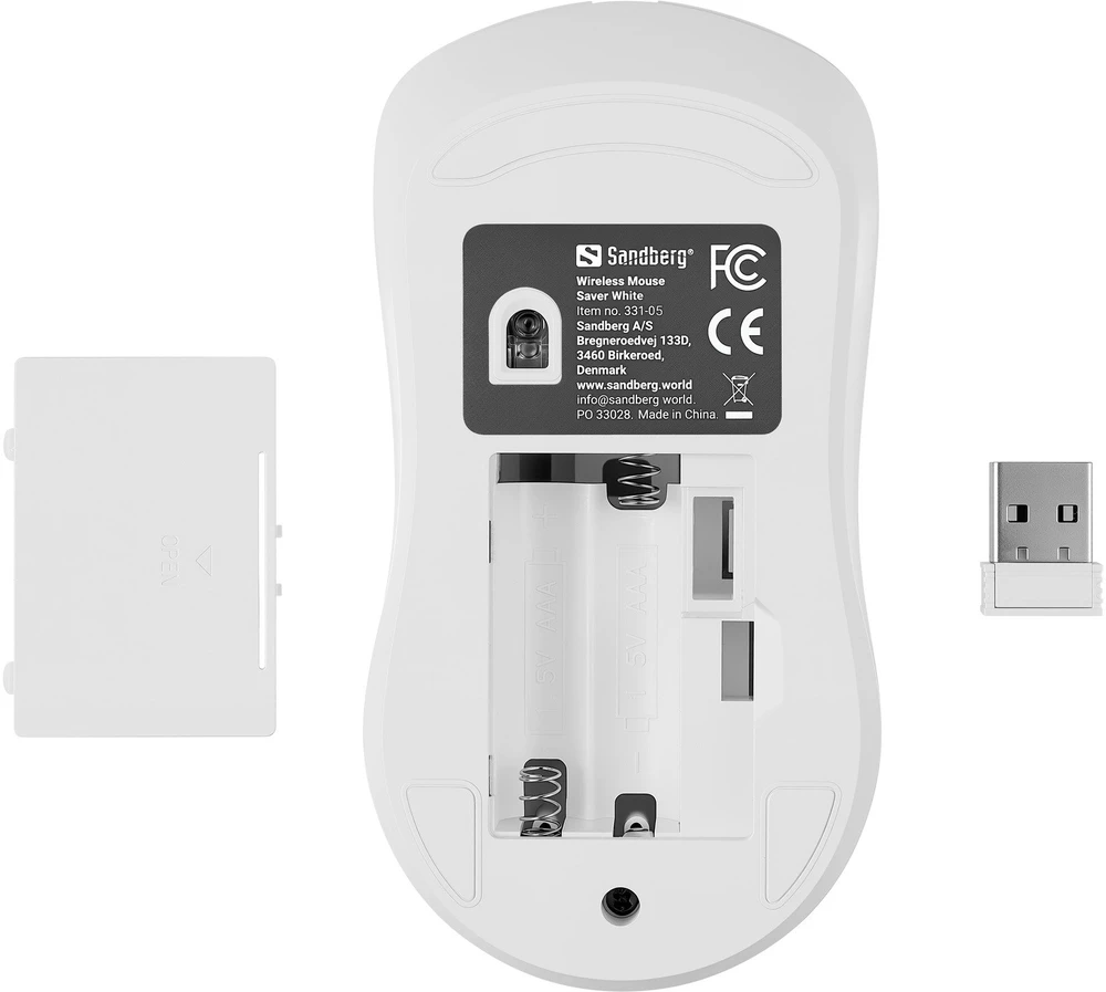 Sandberg 331-05 belaidė pelė, taupanti energiją, balta, kairė ir dešinė, USB-A adapteris
