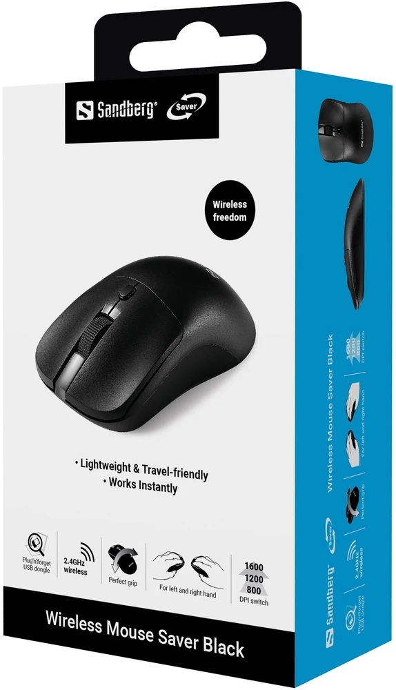 Sandberg 331-04 belaidė pelė, taupanti, juoda, kairė ir dešinė, USB-A adapteris