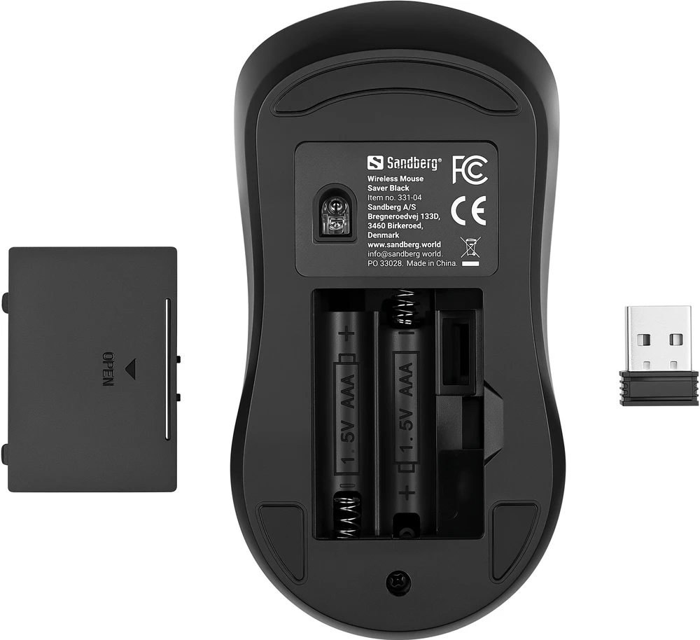 Sandberg 331-04 belaidė pelė, taupanti, juoda, kairė ir dešinė, USB-A adapteris