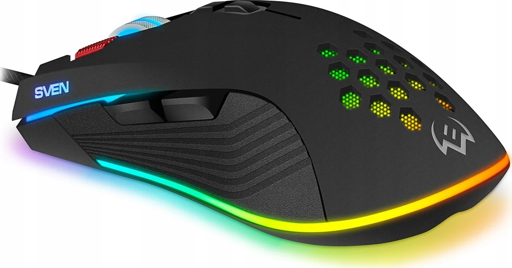 Pelė SVEN RX-G850 iki 6400 DPI; Soft Touch; Metalinis dugnas; Pintas kabelis; Žaidimų programinė įranga; 3 papildomi mygtukai; Apšvietimas; Dukart spustelėkite mygtuką; Dpi jungiklio mygtukas
