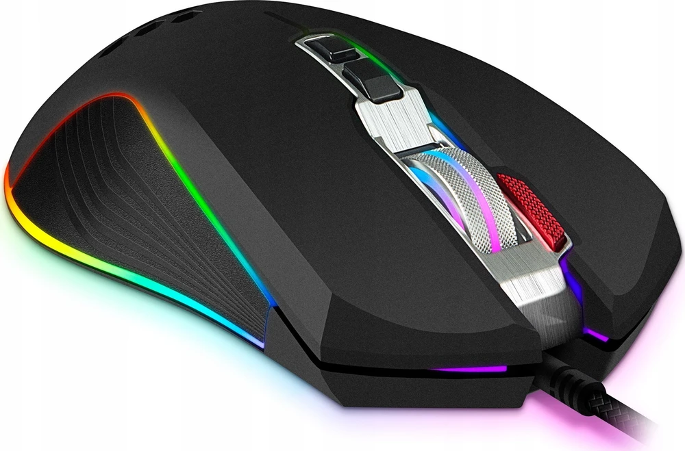 Pelė SVEN RX-G850 iki 6400 DPI; Soft Touch; Metalinis dugnas; Pintas kabelis; Žaidimų programinė įranga; 3 papildomi mygtukai; Apšvietimas; Dukart spustelėkite mygtuką; Dpi jungiklio mygtukas