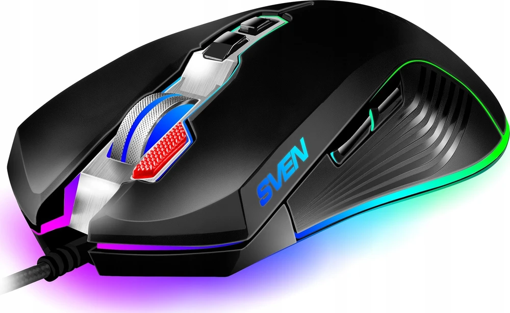 Pelė SVEN RX-G850 iki 6400 DPI; Soft Touch; Metalinis dugnas; Pintas kabelis; Žaidimų programinė įranga; 3 papildomi mygtukai; Apšvietimas; Dukart spustelėkite mygtuką; Dpi jungiklio mygtukas