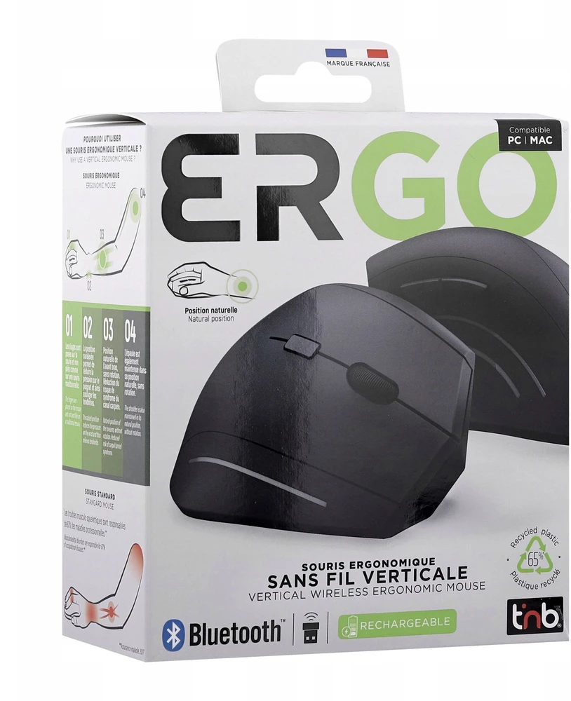 TnB pelė T"nb vertikali belaidė ergonomiška „Bluetooth“ ir USB-A įkraunama / ergo / Mwergovbtr juoda (SB11812)