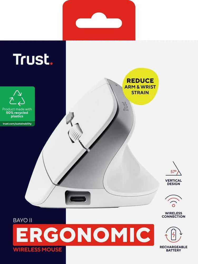 Trust Bayo II - Ergonomic Belaidė pelė (baltas)