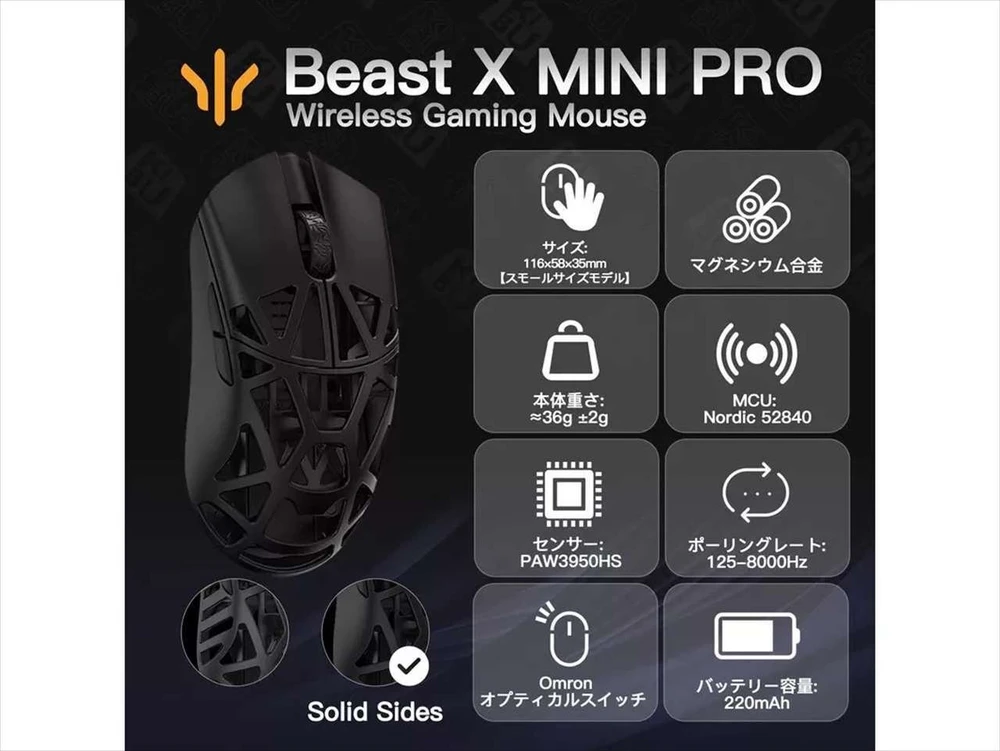WL Pelė WLMOUSE Beast X Mini Pro Solid Sides Pelė žaidimams, Omron Optinė Switches – juodas