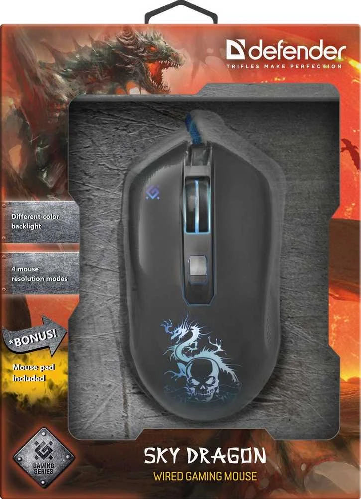 Pelė Myszka žaidimams Defender Sky Dragon GM-090L su laidu 3200 dpi optinė juoda