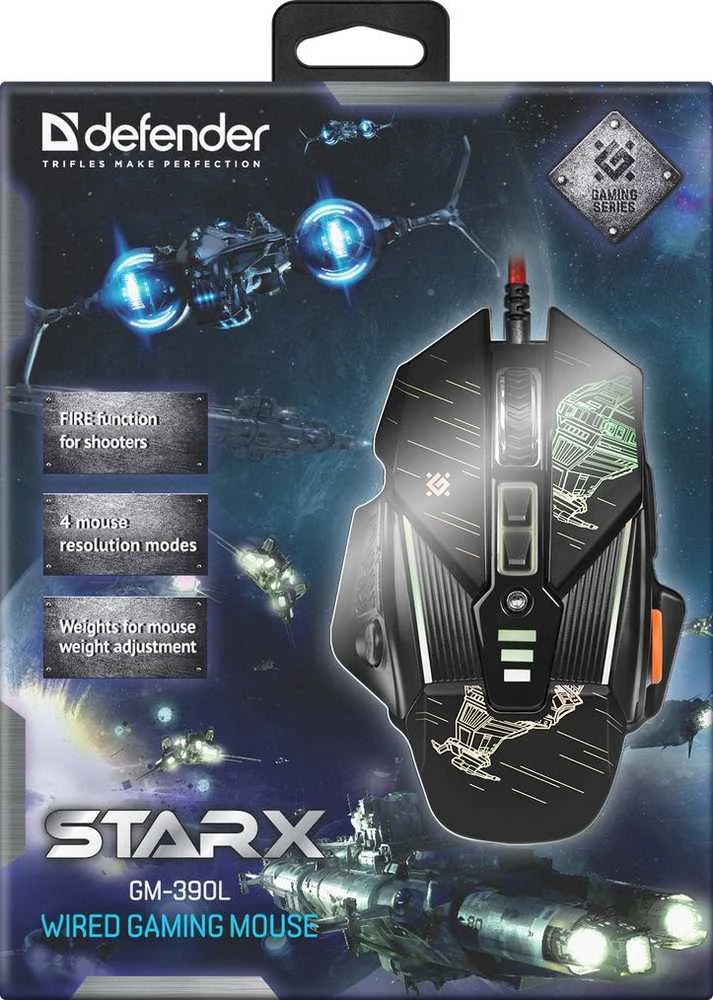 Pelė Myszka žaidimams Defender Starx GM-390L su laidu 7200 dpi optinė juoda