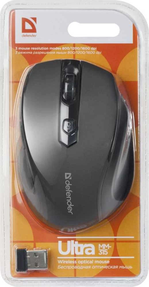 Belaidė pelė "defender pelė ultra mm-315" pelė, 1600dpi, optinė, 6 bitai, belaidė, juoda, 1 vnt.