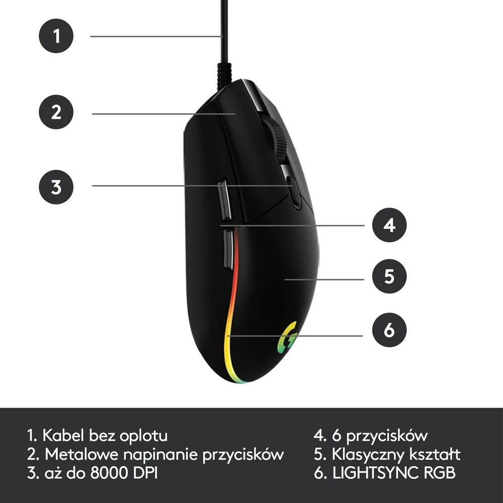 Žaidimų pelė Logitech G203 Lightsync RGB, Juodos spalvos