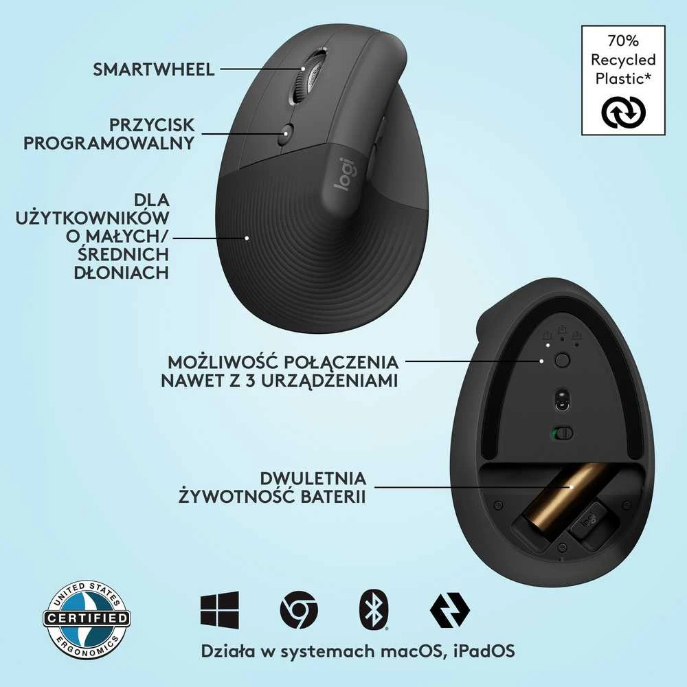 Kompiuterinė pelė Logitech Lift Left, Grafito spalvos