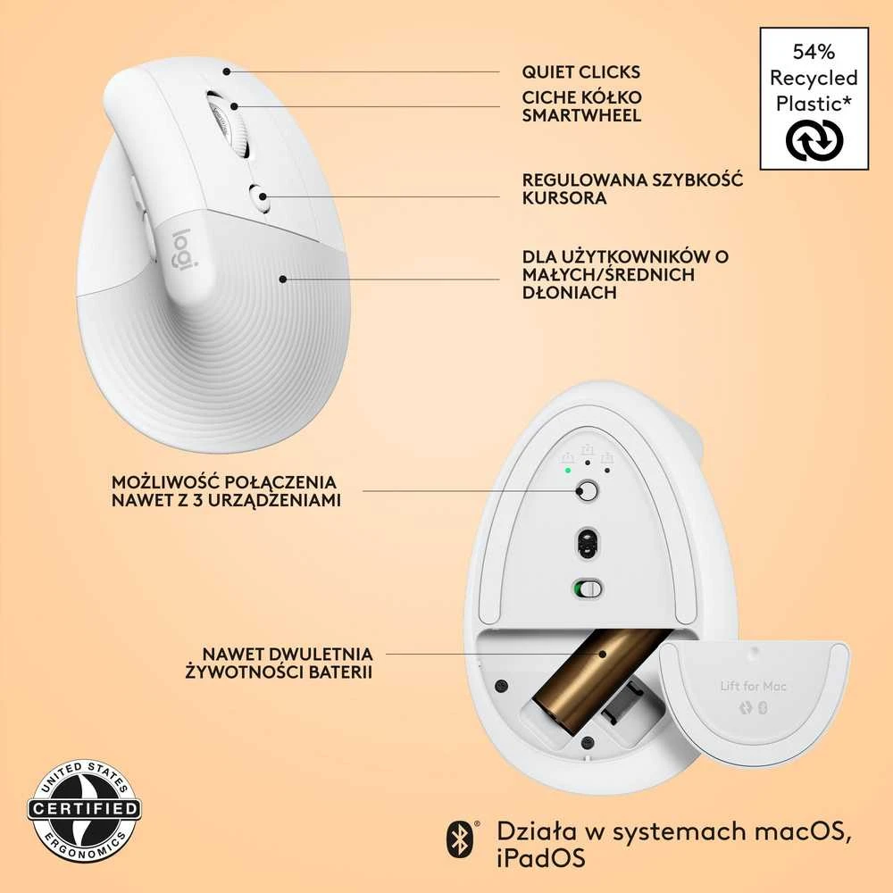 Kompiuterinė pelė Logitech Lift for Mac, Baltos spalvos