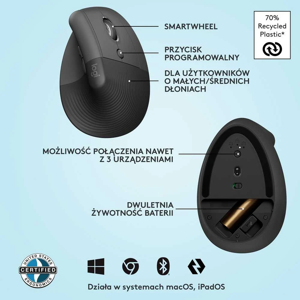 Belaidė pelė Logitech Lift, Grafito spalvos