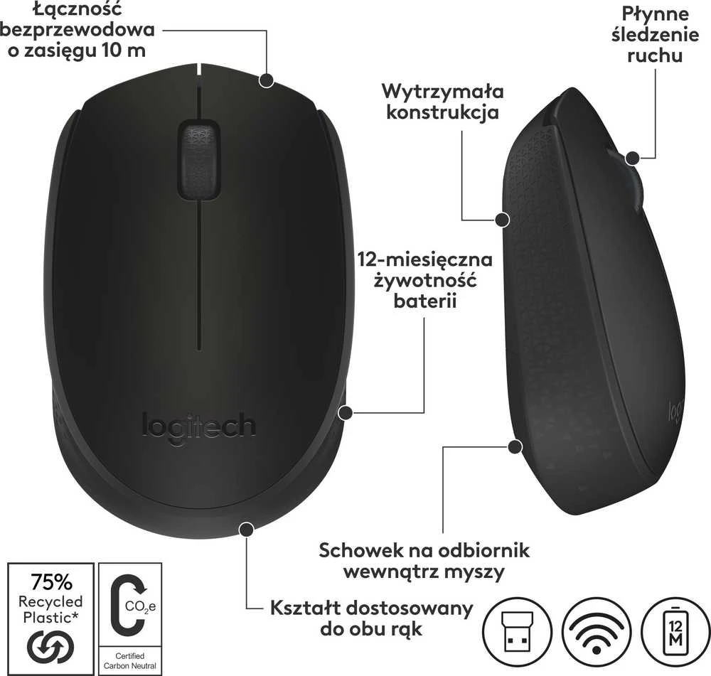Belaidė pelė Logitech M171, Juoda