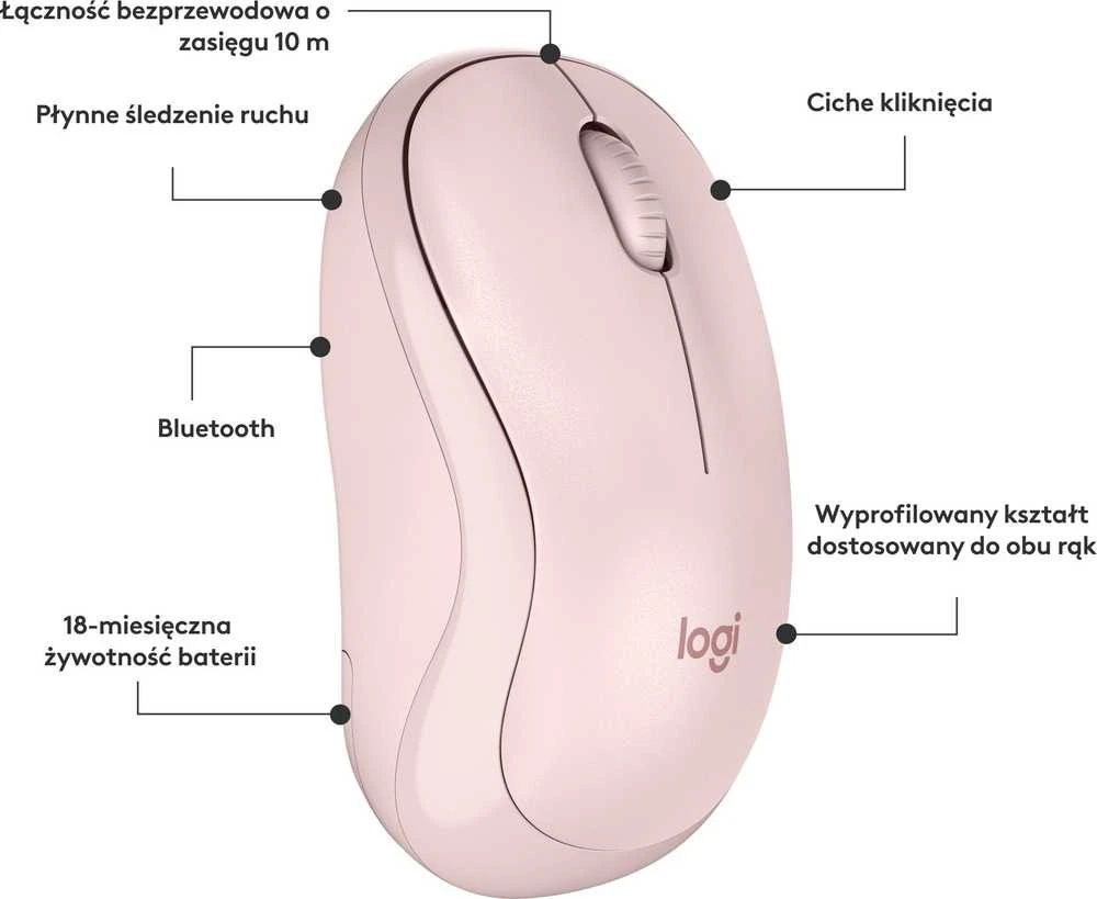 Belaidė pelė Logitech M240 Silent Bluetooth Mouse, rožinės spalvos
