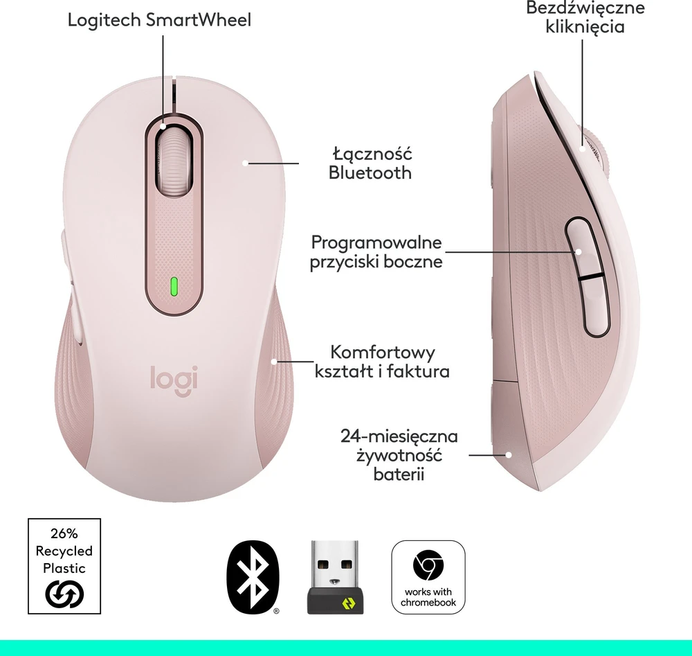 Belaidė pelė Logitech Signature M650 M, rožinė
