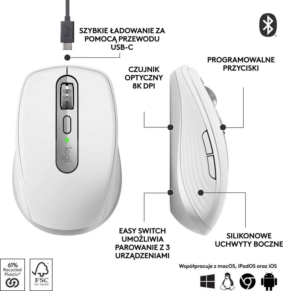 Belaidė pelė Logitech MX Anywhere 3S, šviesiai pilkos spalvos