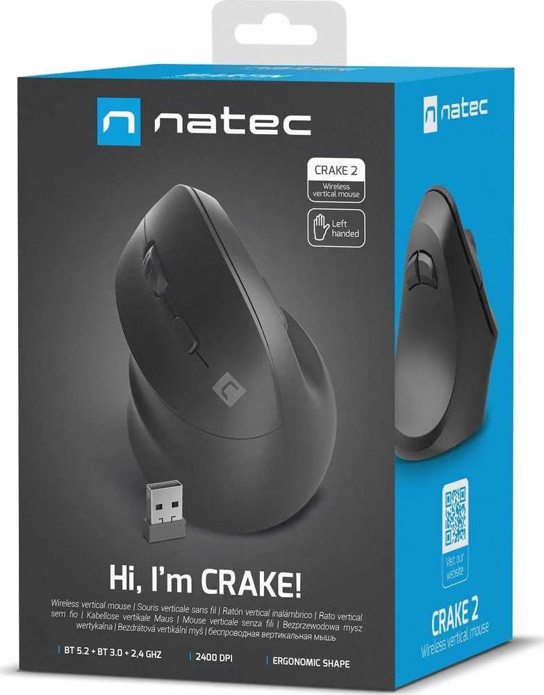 NATEC Vertikali pelė Crake 2 2400DPI wireless Bluetooth 5.0+2.4Ghz left handed juodas