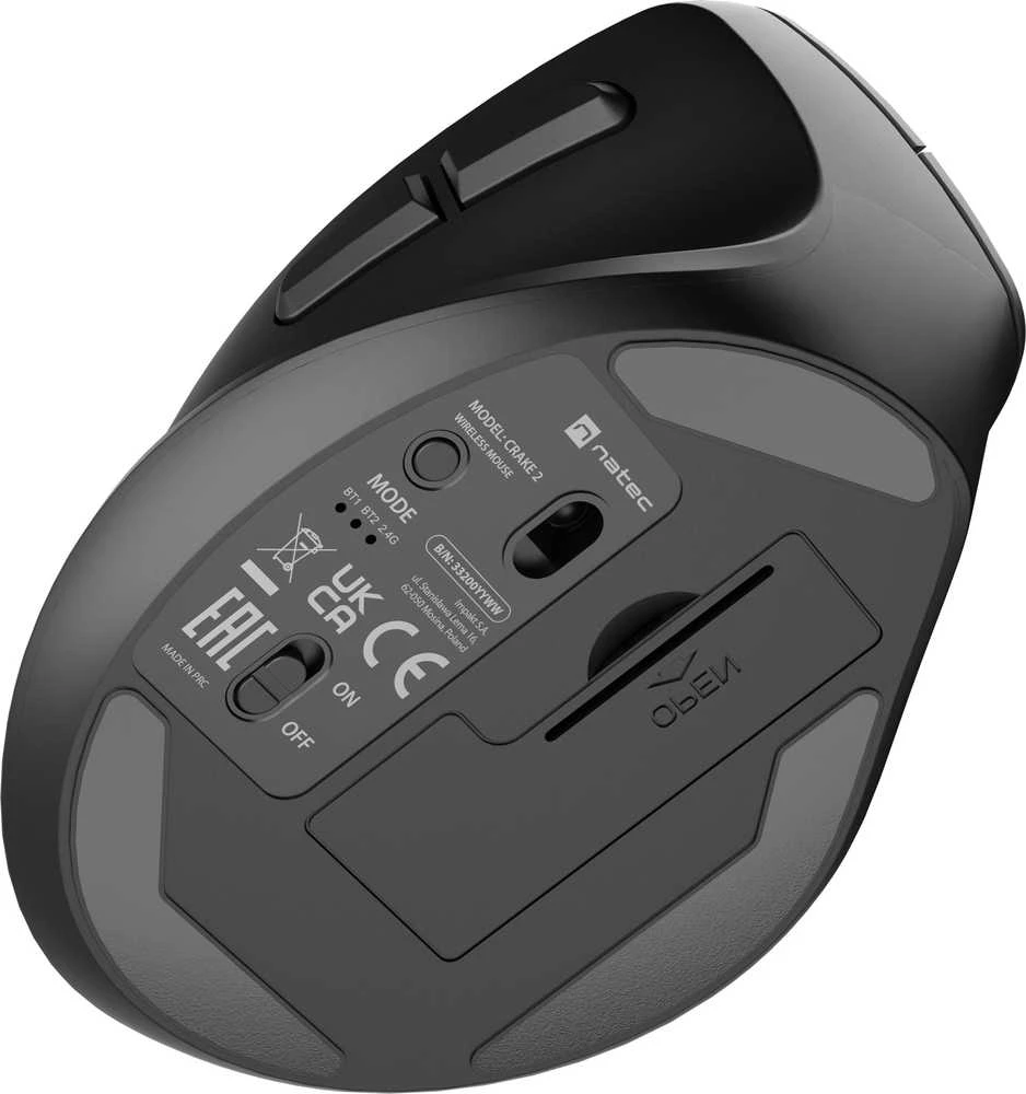 NATEC Vertikali pelė Crake 2 2400DPI wireless Bluetooth 5.0+2.4Ghz left handed juodas