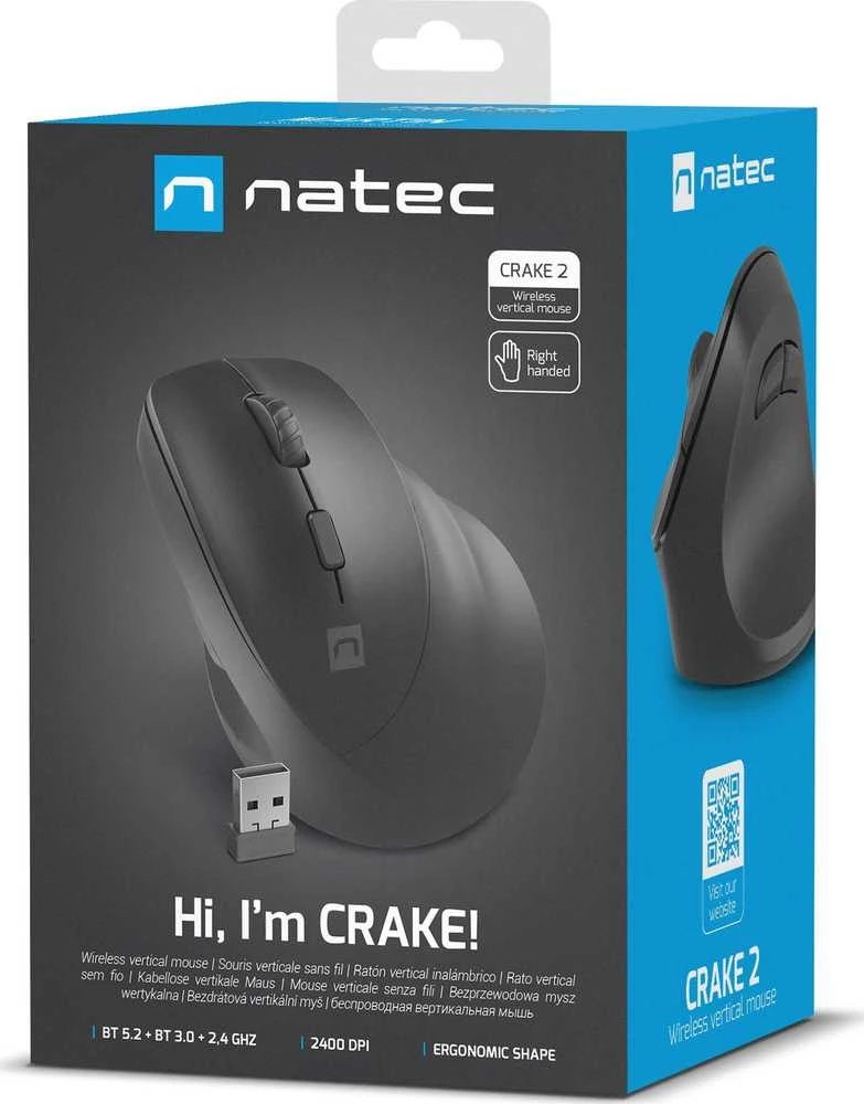 Natec | Vertikali pelė | Crake 2 | Wireless | Vertikali pelė | Bluetooth, 2.4GHz | Juodas