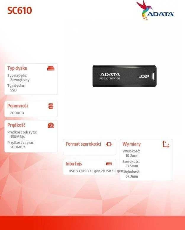 Kietasis diskas USB Atmintinė - Adata SC610 2 TB, Juoda