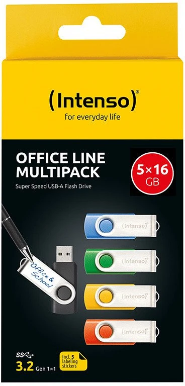 Mėlyna Intenso Office Line Multipack 16 GB, USB-Stick - 5 USB-A 3.2 USB-Sticks in yellow, žalias, juodas, mėlynas + oranžinis