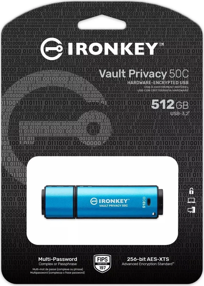 Kingston Flash Drive | IronKey Vault Privacy 50C AES-256 Encrypt | 512 GB | USB-C | Mėlyna