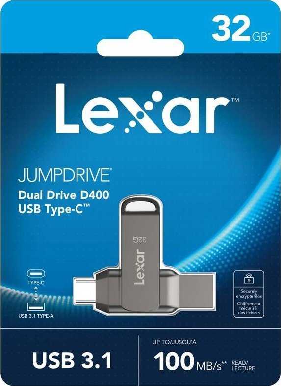 Lexar | 2 viename USB atmintinė, kurios skaitymo greitis siekia 100 MB/s | „JumpDrive Dual Drive D400“ | 32 GB | C ir A tipo USB 3.1 | Pilkas