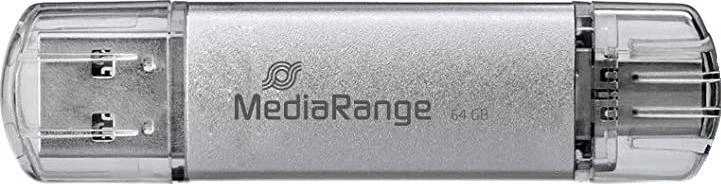 „MediaRange Kombo“ atminties kortelė 64 GB, USB atmintinė - sidabrinė/skaidri, USB-A 3.2 Gen 1, USB-C 3.2 Gen 1