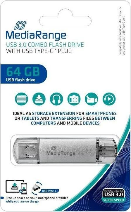 „MediaRange Kombo“ atminties kortelė 64 GB, USB atmintinė - sidabrinė/skaidri, USB-A 3.2 Gen 1, USB-C 3.2 Gen 1