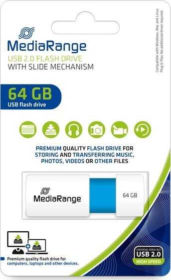 Pendrive MediaRange Color EDT. MR974 64GB Mėlyna, Baltas