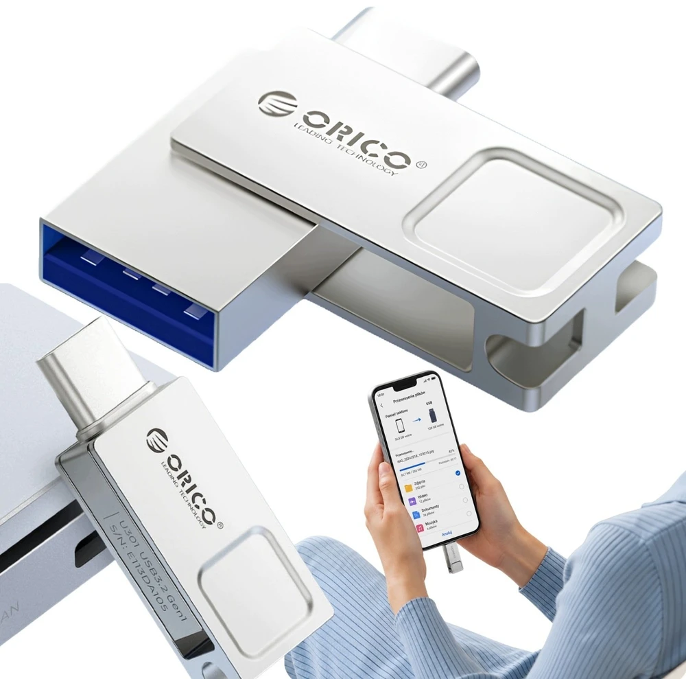 Orico U301 128GB USB-A USB-C USB 3.2 Gen 1 Pendrive - Sidabrinis