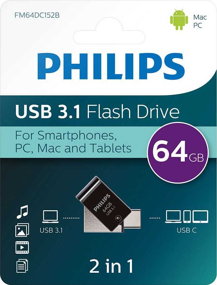 Philips FM64DC152B/00, 64 GB, USB C tipo, 3.2 kartos 1 (3.1 kartos 1), 180 MB/s, be dangtelio, juoda