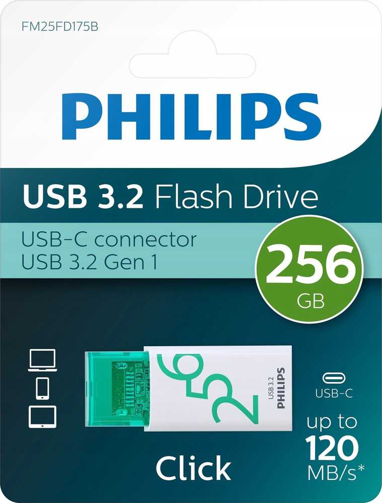 Pendrive Philips Click Series USB 3.2 Gen 1 USB-C 256GB Spring Žalias (FM25FD175B/00)