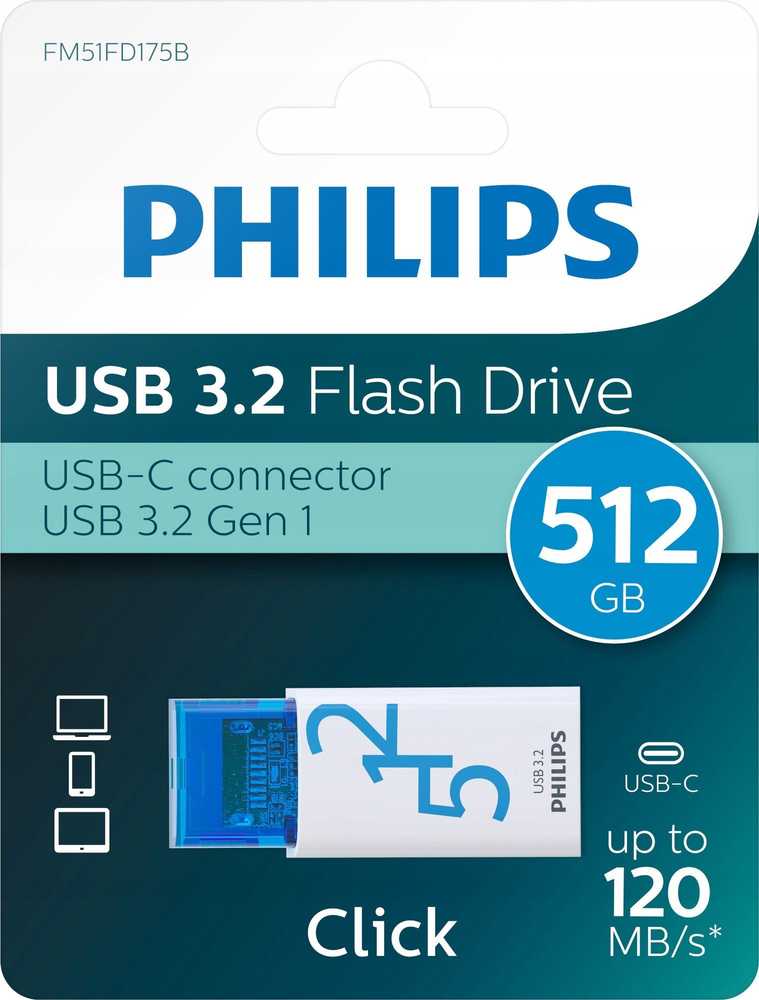 Pendrive Philips Click Series USB 3.2 Gen 1 USB-C 512GB Ocean Mėlyna (FM51FD175B/00)