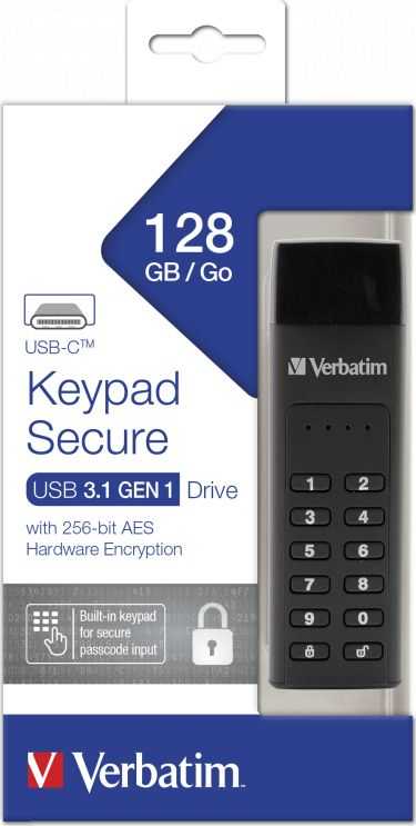 Išorinis diskas Verbatim klaviatūra Secure USB-C 3.2 Gen 1 128GB juodos spalvos 49432