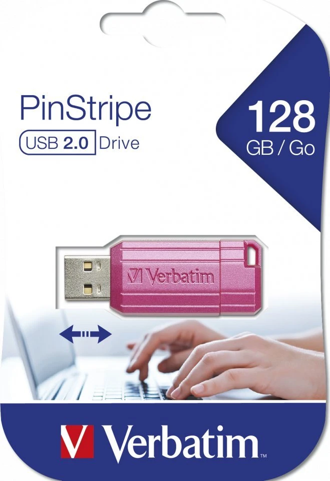 Verbatim USB atmintinė, USB 2.0, 128GB, Store,N,Go PinStripe, rožinė, 49460, duomenų archyvavimui