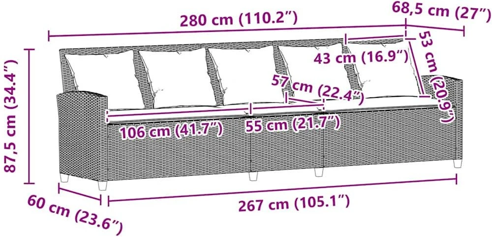 Lauko baldų komplektas Sodo sofa, 5 vietų, su pagalvėlėmis, smėlio spalvos, poliratanas