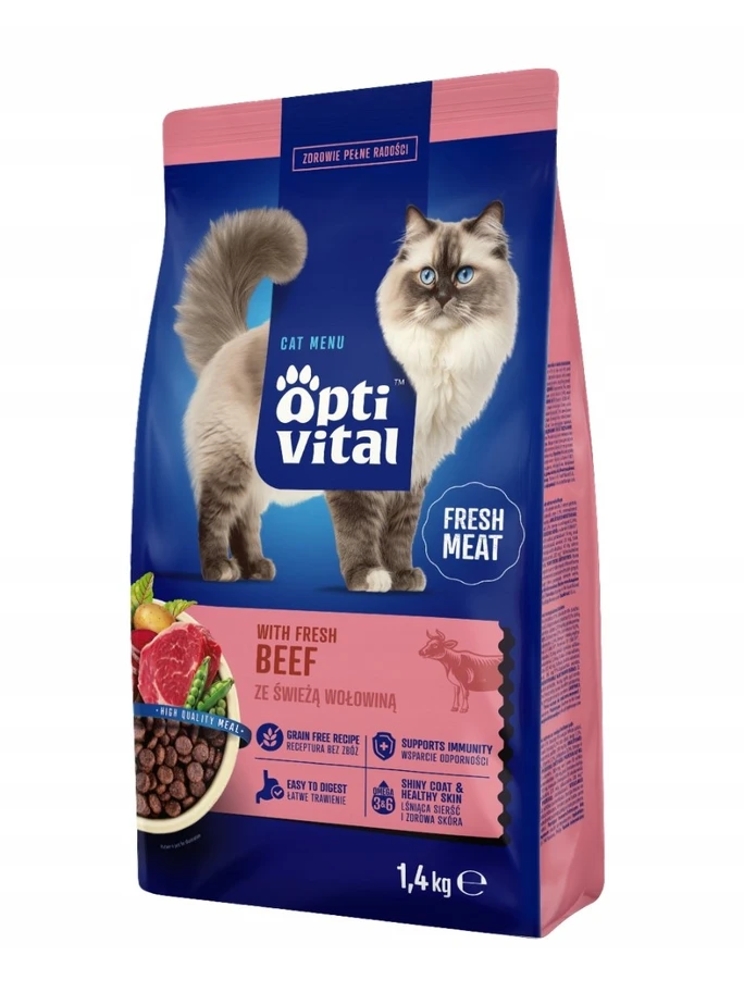 Maisto produktai - OptiVital Su Šviežia Jautiena Sausas Kačių Maistas 35% Baltymų 1.4kg