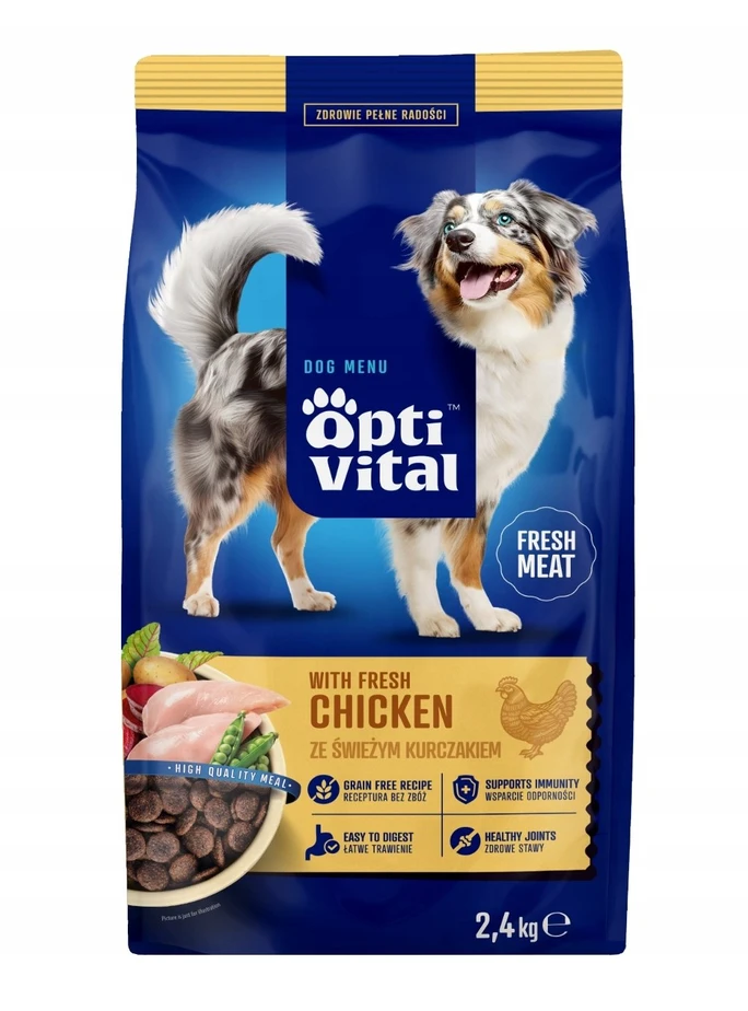 Šunų maistas - OptiVital su šviežia vištiena sauso maisto 2.4kg be glitimo