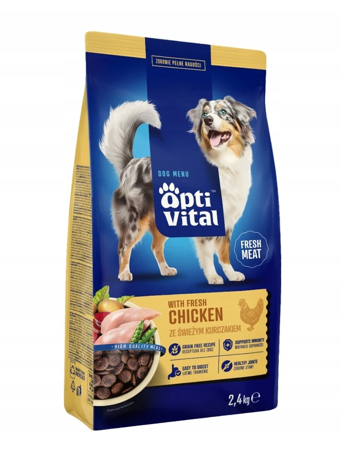 Šunų maistas - OptiVital su šviežia vištiena sauso maisto 2.4kg be glitimo
