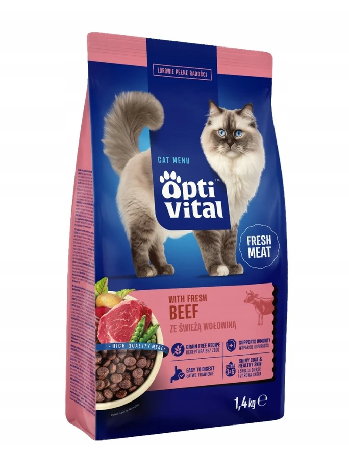 Maisto produktai - OptiVital Su Šviežia Jautiena Sausas Kačių Maistas 35% Baltymų 1.4kg