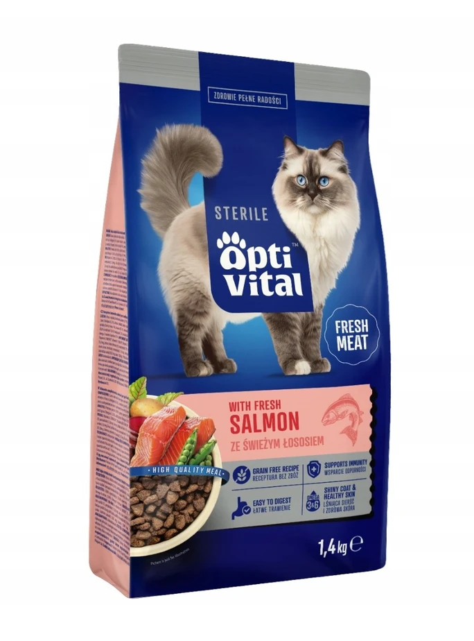Maisto produktai - OptiVital Sterile Sausas Kačių Maistas 1.4kg Lašiša 38% Baltymų